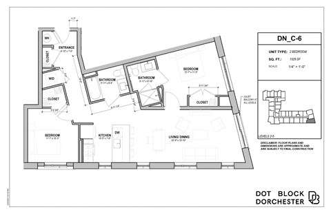 Floor plan for 2 beds, 2 baths, 1029 sqft